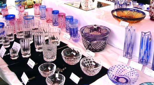 A close-up of Edo Kiriko cut-glass faceting