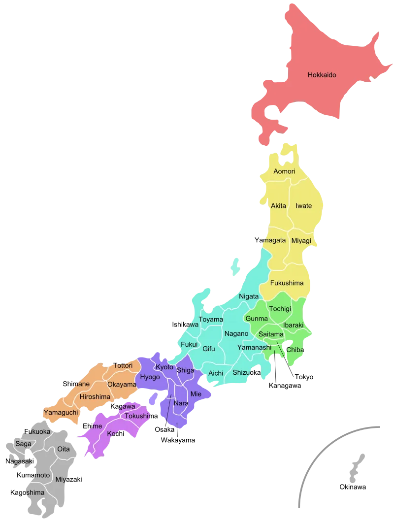 Map of Japan showing regions and prefectures, with Osaka highlighted in the Kansai region