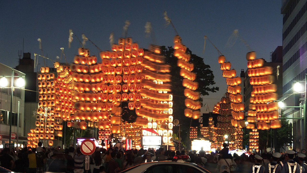 Akita City Kanto pole-lantern festival at night