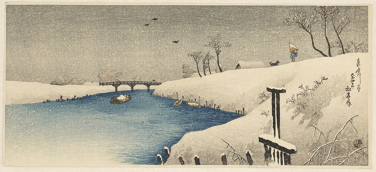 A cold, clear Japanese river in winter, illustrating the kind of water that hand-papermaking requires