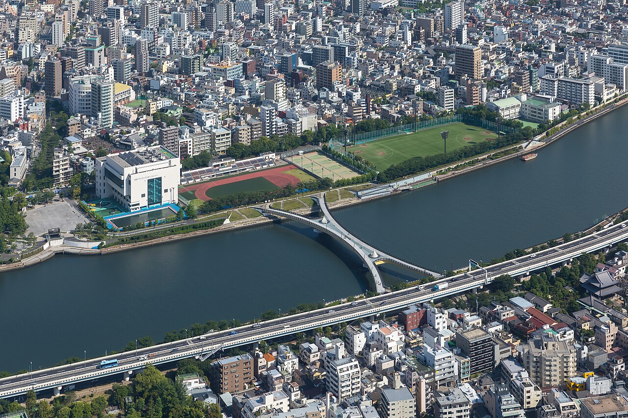 The X-shaped Sakura pedestrian bridge over the Sumida River linking Taitō and Sumida wards, seen from above