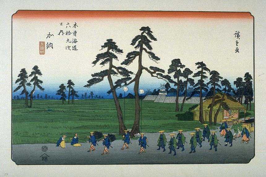 Le relais de poste de Kano à Gifu, estampe sur bois, centre historique de la fabrication d'ombrelles