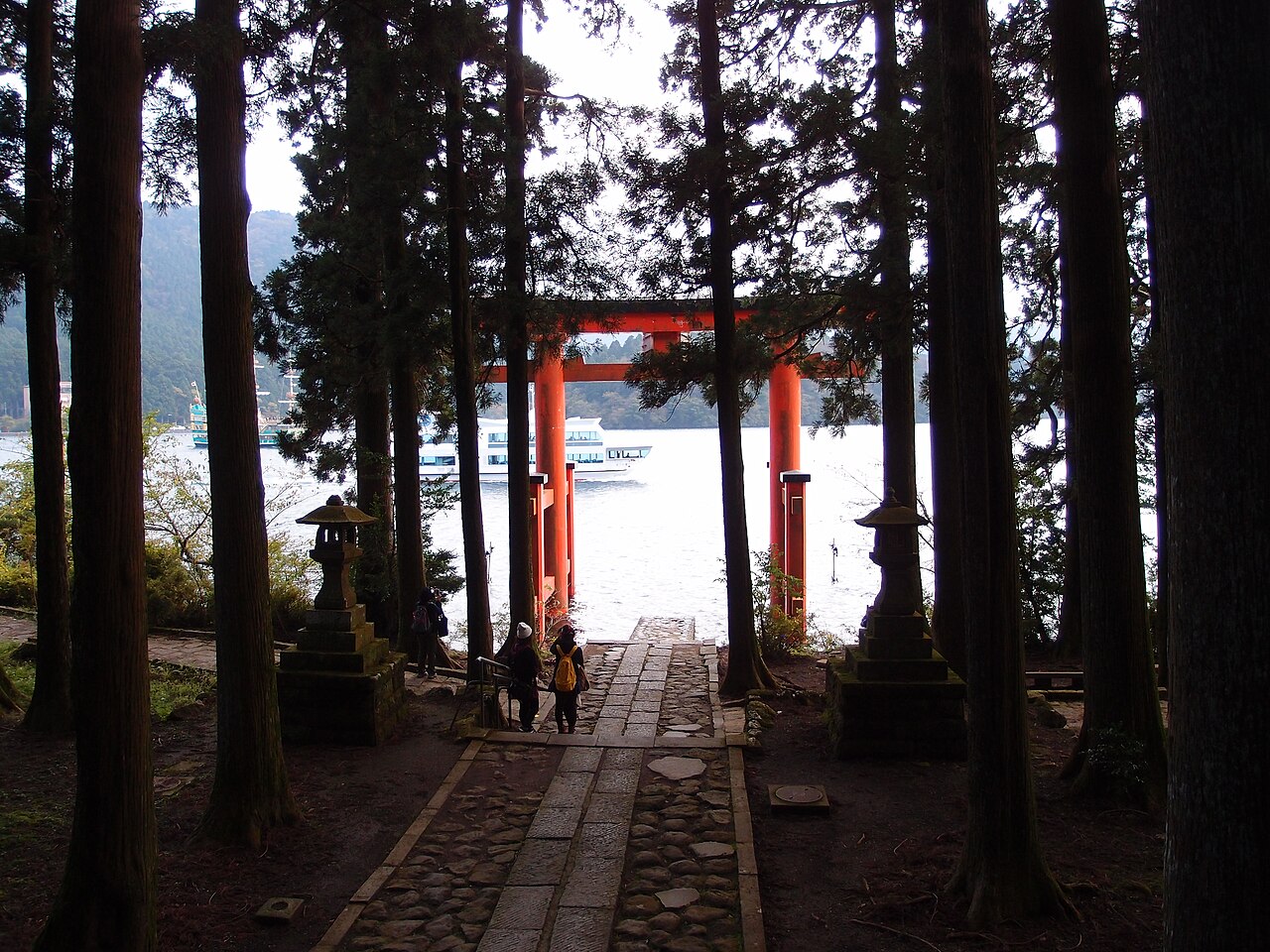 Lake Ashi and the Hakone Shrine torii gate at Moto-Hakone