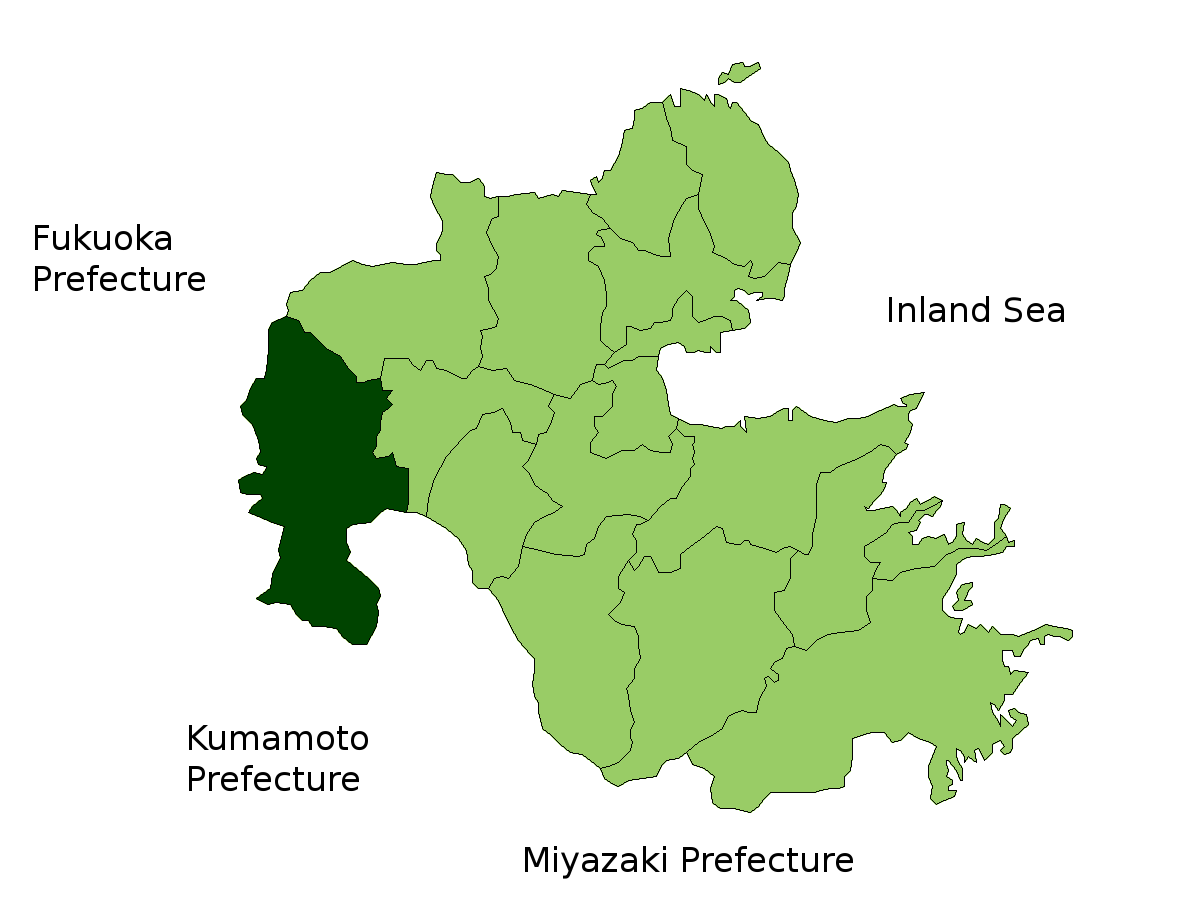 Hita's river basin surrounded by forested cedar mountains in Oita Prefecture
