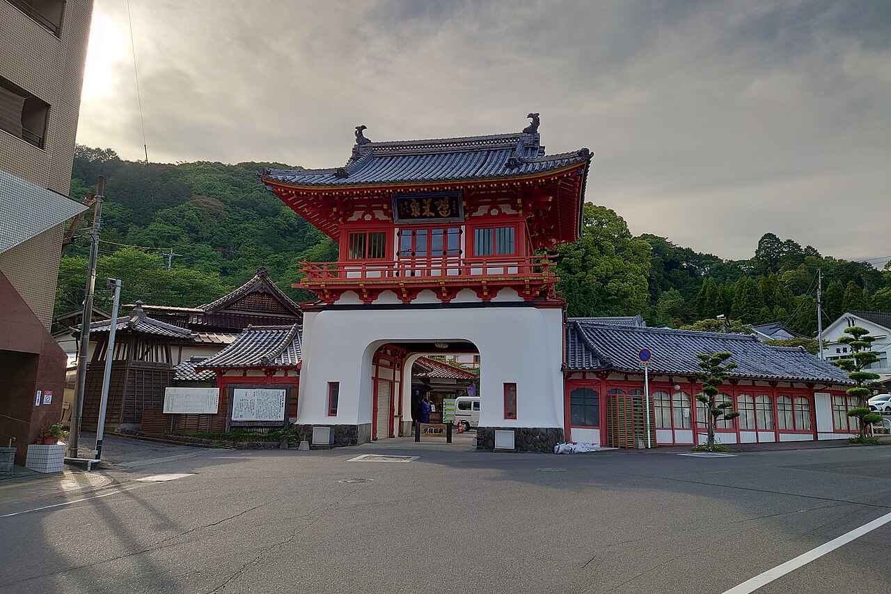 The vermilion romon gate of Takeo Onsen, a landmark in Saga, Kyushu