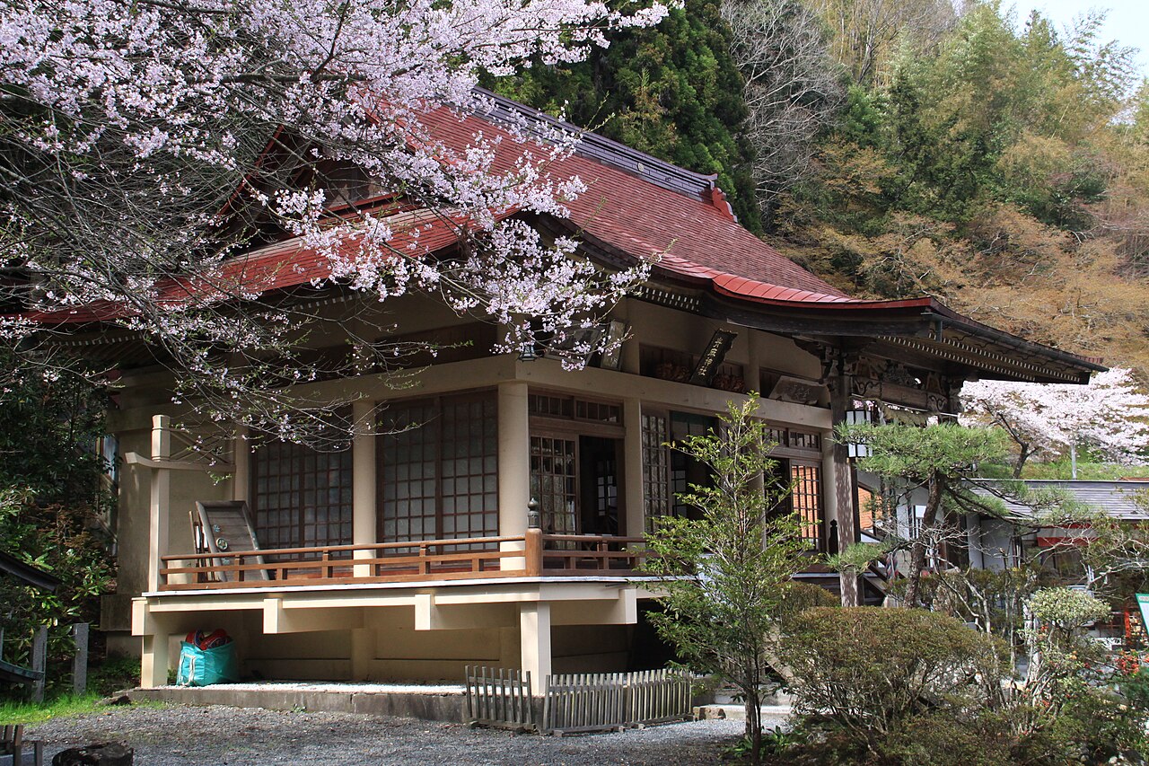 Aoso Shrine worship hall in Kamo, Niigata, set among the Kamoyama hills