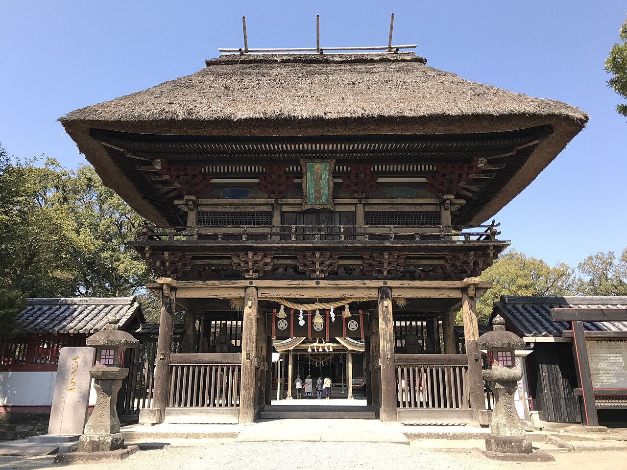 The National Treasure Aoi Aso Shrine in Hitoyoshi, with thatched roofs and black lacquered woodwork