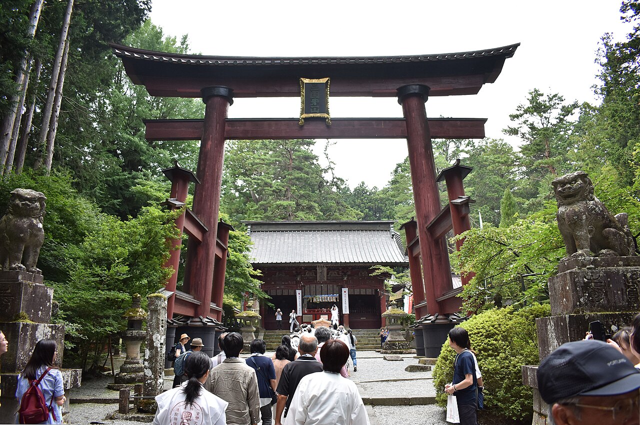 The torii gate of Kitaguchi Hongu Fuji Sengen Shrine in Fujiyoshida, anchoring the historic weaving town