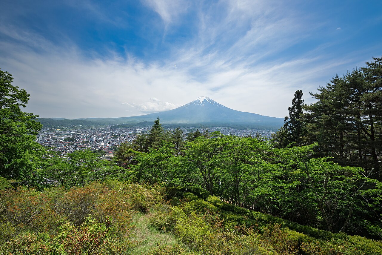 The Chureito Pagoda above Fujiyoshida framing Mt. Fuji, in the heart of the Gunnai weaving district