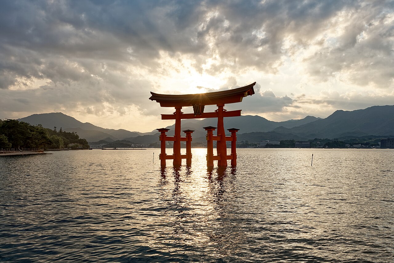 The great floating torii of Itsukushima Shrine at sunset, Miyajima, Hiroshima