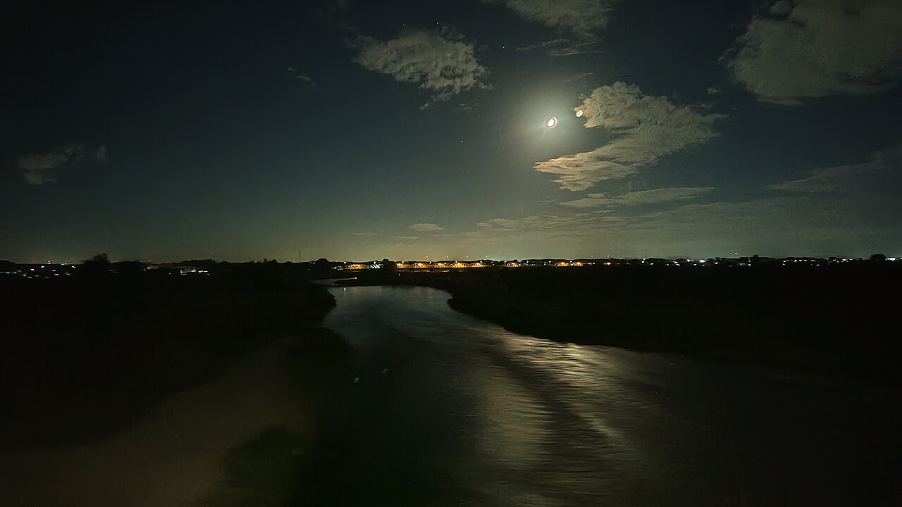 The Kinugawa (Kinu river) in Tochigi at night, seen from Kinugawa Bridge