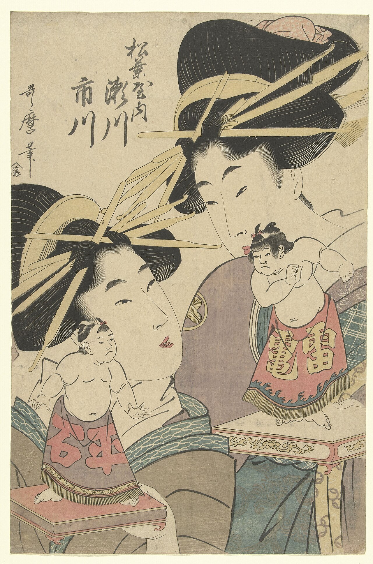Ukiyo-e print by Utamaro of a young woman blowing a glass poppen