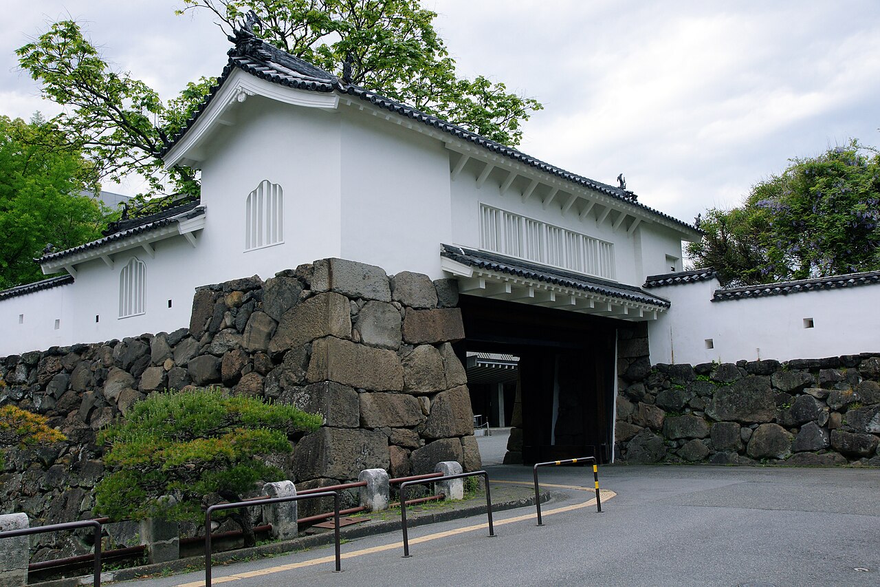 Stone walls and moat of Funai Castle in Oita city