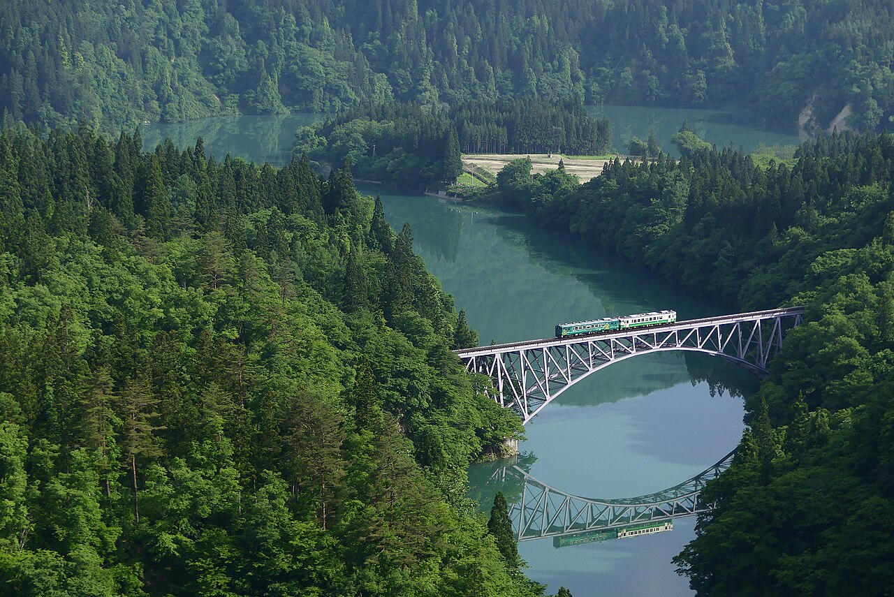 The Tadami River and the first bridge viaduct of the Tadami Line in Mishima, Fukushima