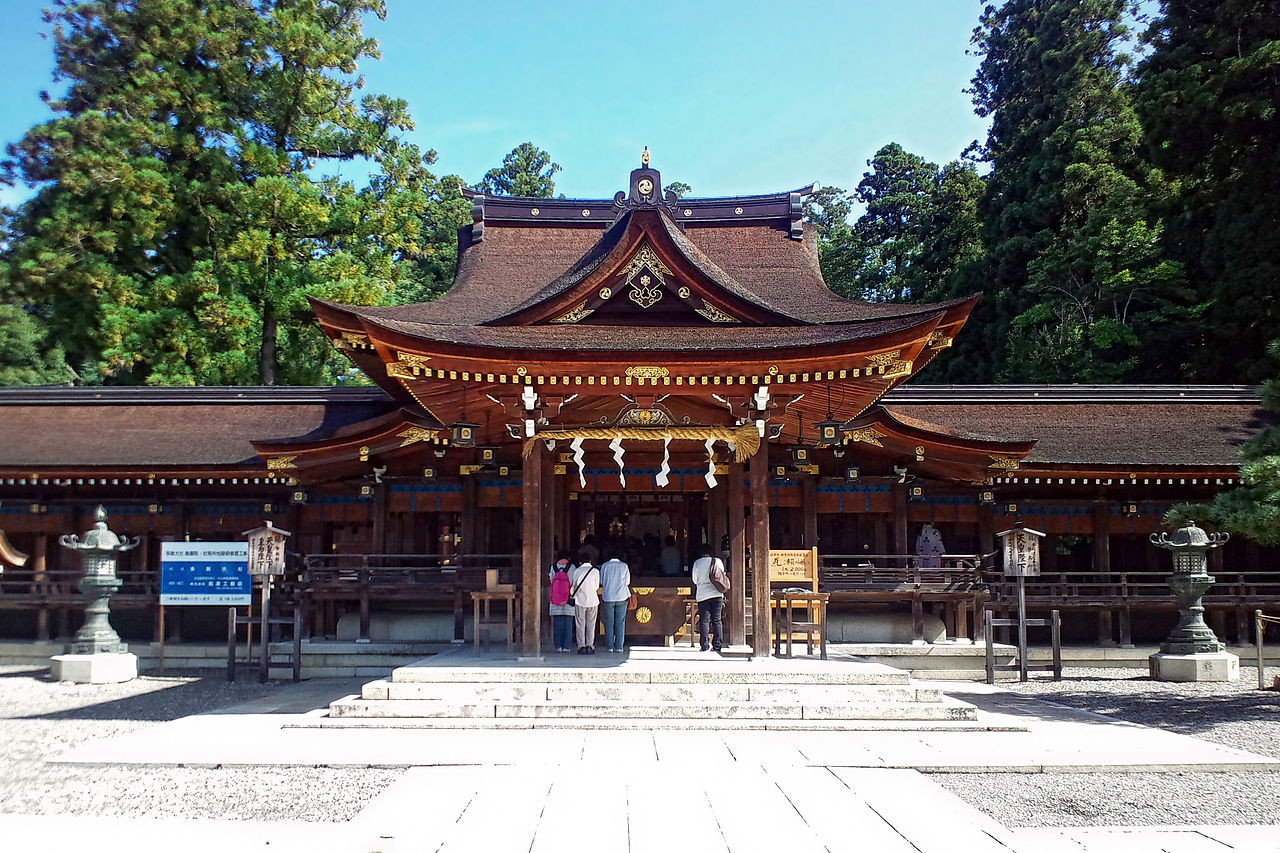 The worship hall of Taga Taisha, the great shrine of eastern Omi in the Koto region of Shiga