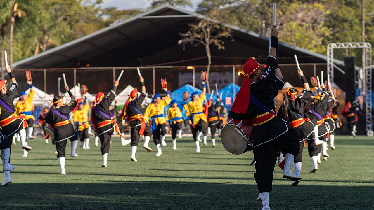 Eisa performers with drums during an Okinawan festival