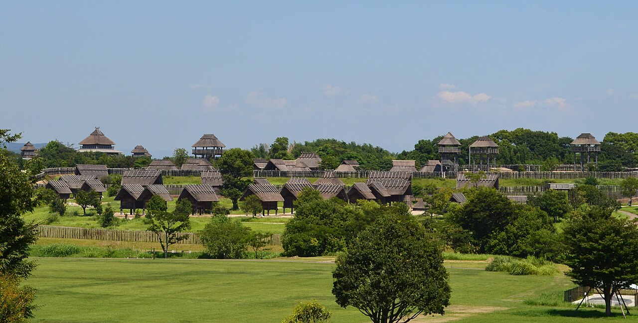 Aerial view of the reconstructed Yayoi-period Yoshinogari archaeological site on the Saga plain
