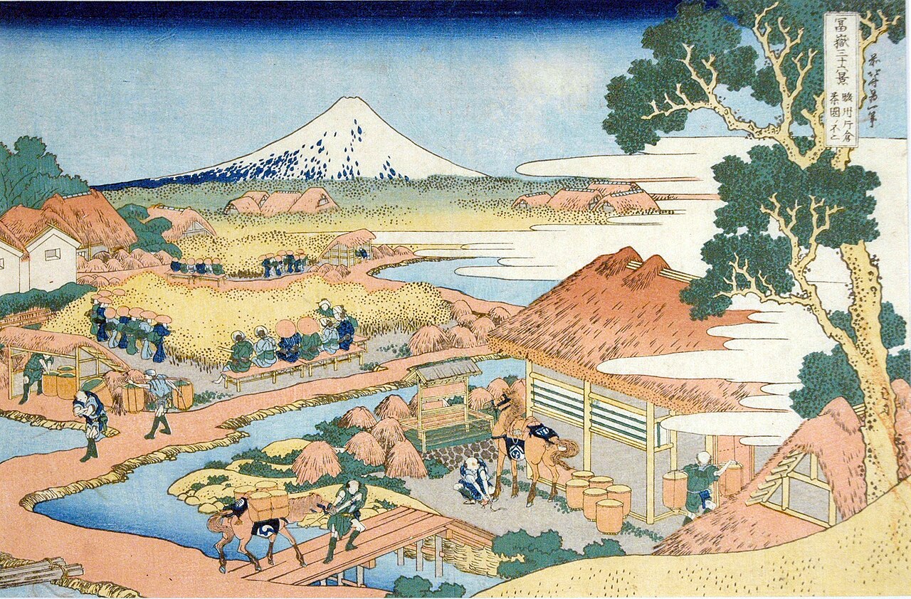 Mount Fuji seen across the tea plantations of Suruga Province in Shizuoka