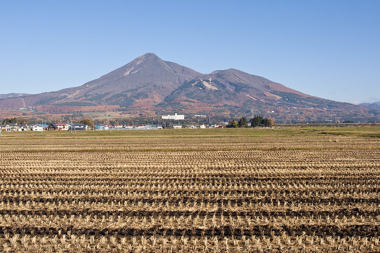 Snow-capped Mount Bandai rising over the Aizu basin in Fukushima