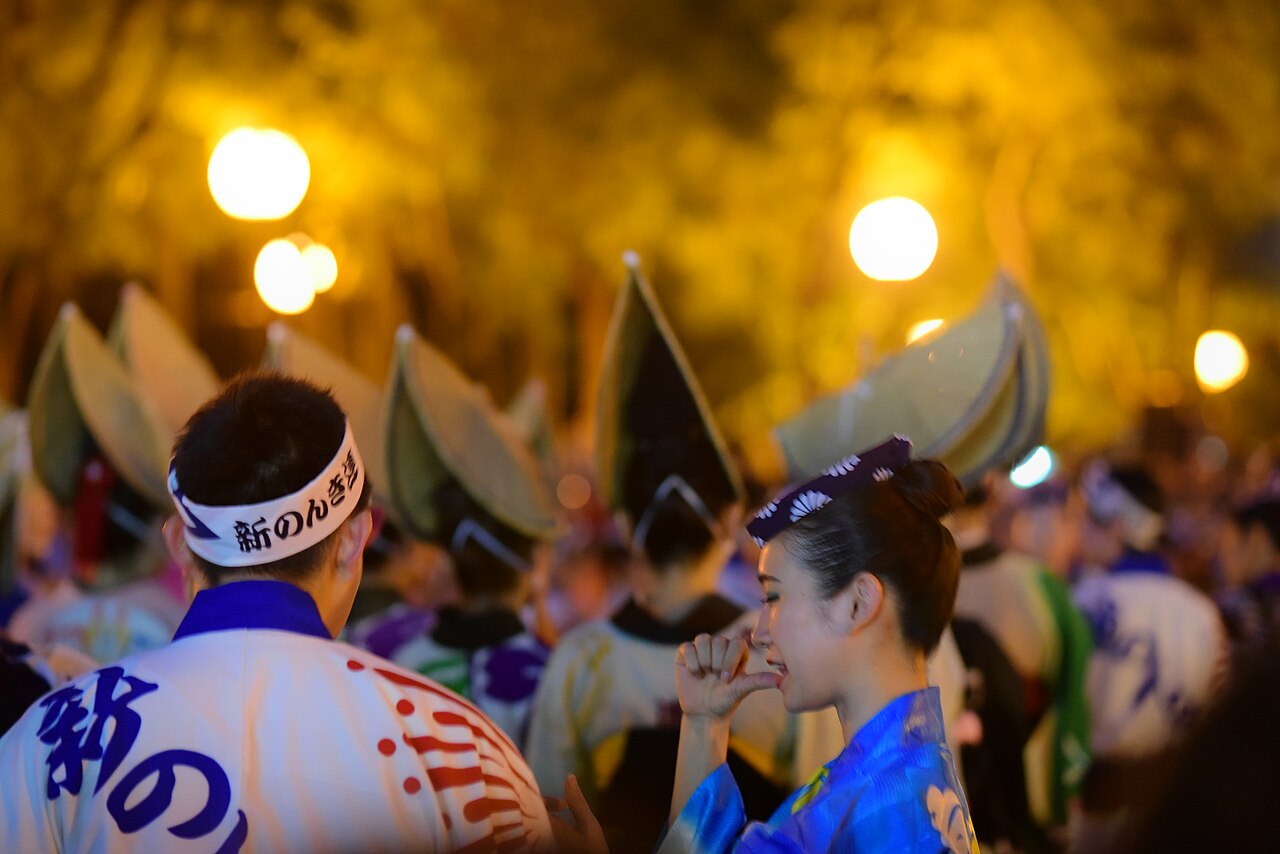 Dancers in indigo cotton yukata performing the Awa Odori festival