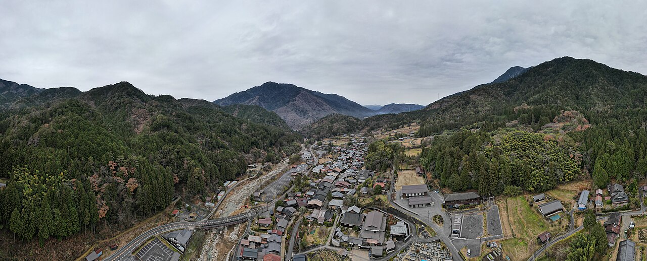 Aerial panorama of Tsumago-juku, a preserved Nakasendo post town in the Kiso Valley
