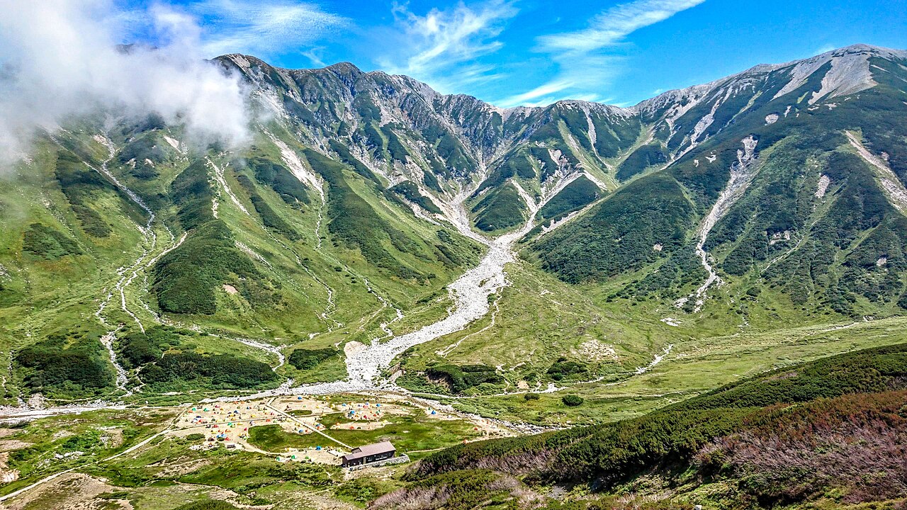Peaks of the Tateyama mountain range rising above the Toyama plain