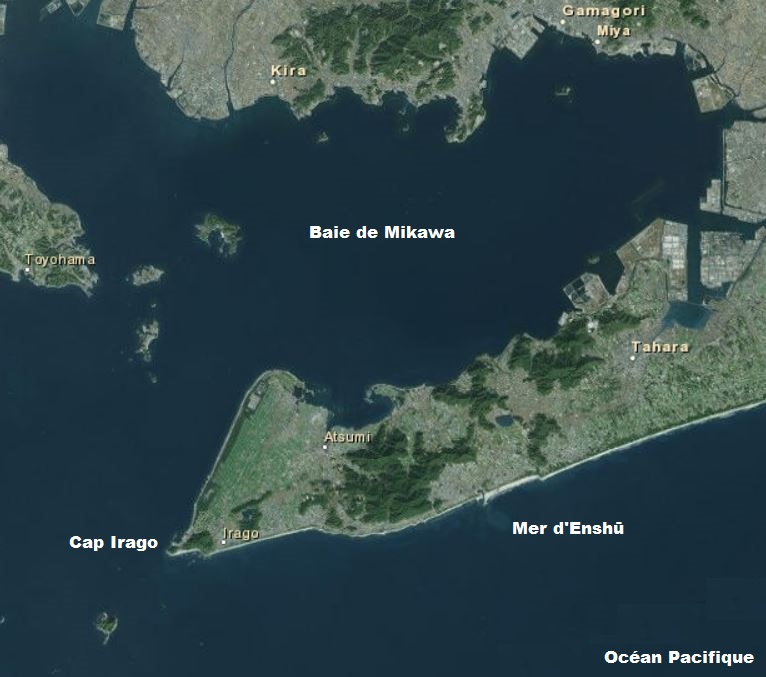 Satellitenaufnahme der sandigen Küstenebene der Atsumi-Halbinsel bei Toyohashi